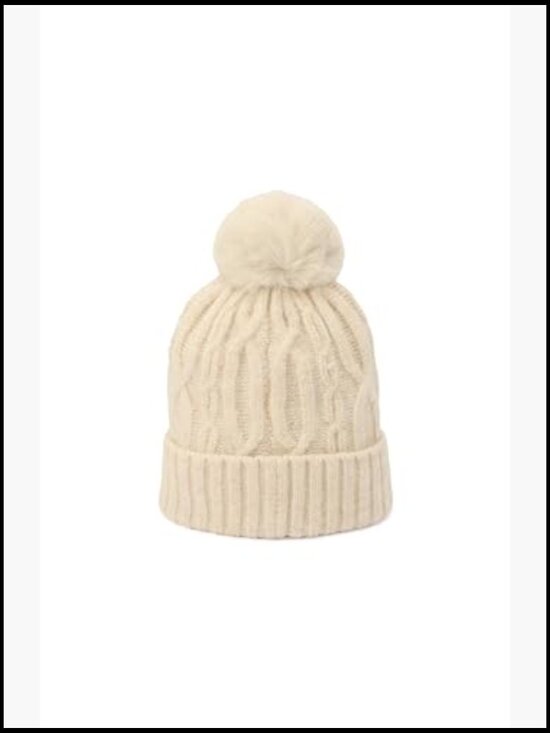 Cable Cuff Beanie with Faux Fur Pom, Recycled Polyester Blend, Warm Winter Hat main image 5